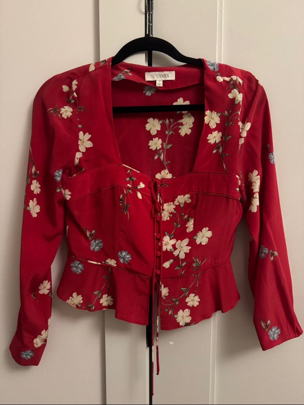 INTERMIX Red Floral Lace-Up Peplum Blouse